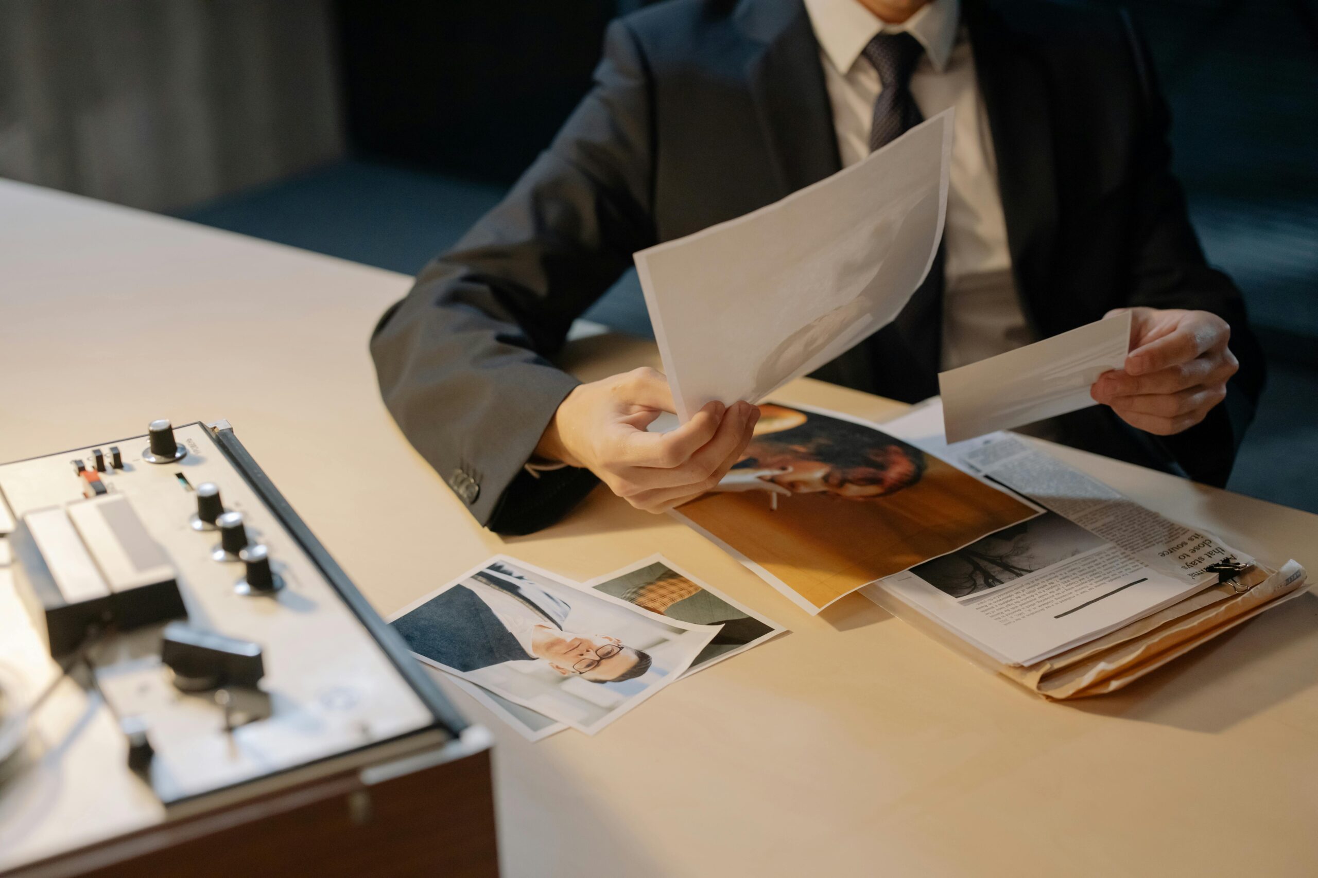 Investigator reviewing documents and photographs during a workplace investigation, highlighting signs that signal the need for formal inquiry.